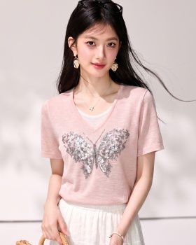 Short sleeve embroidery T-shirt mixed colors tops for women