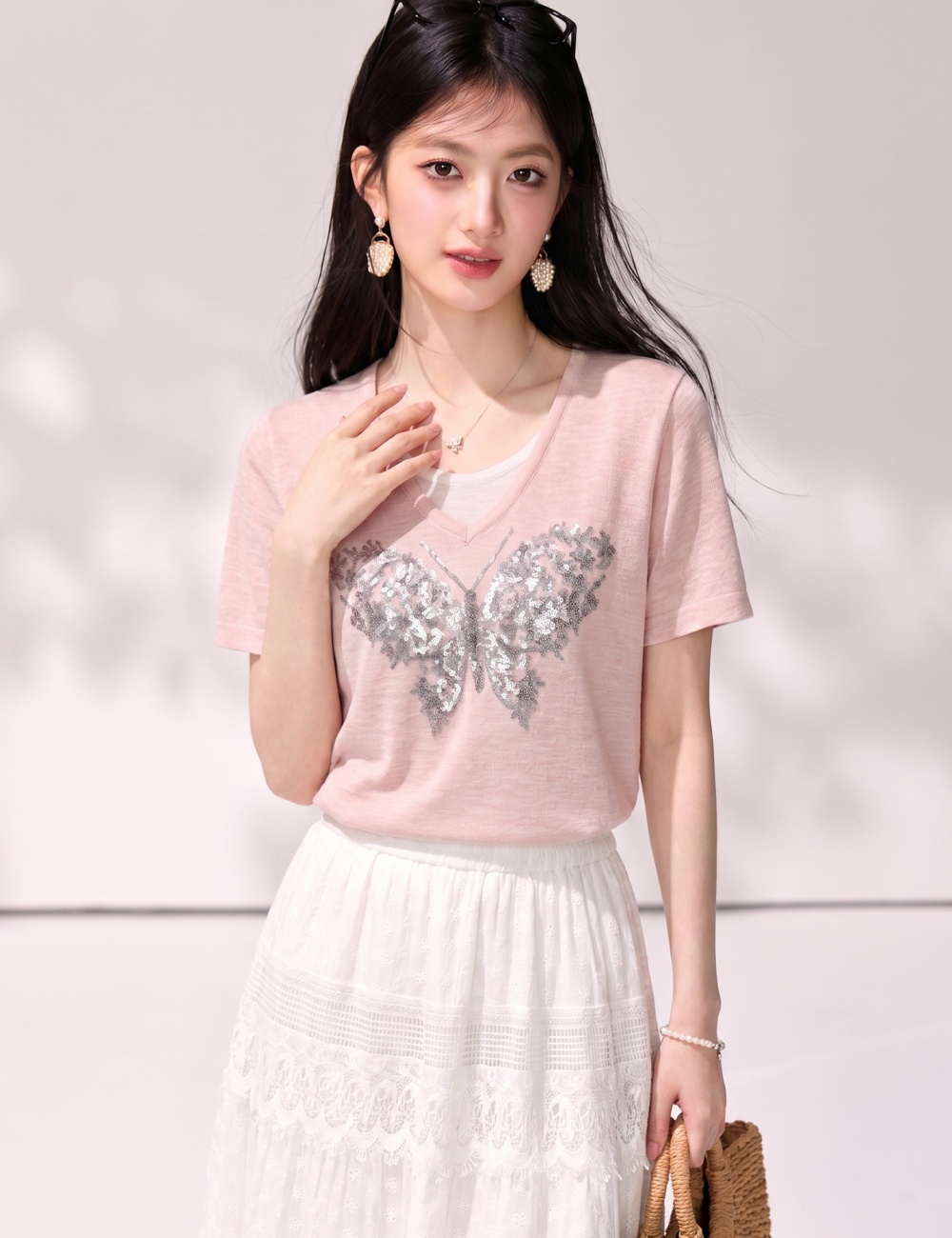 Short sleeve embroidery T-shirt mixed colors tops for women