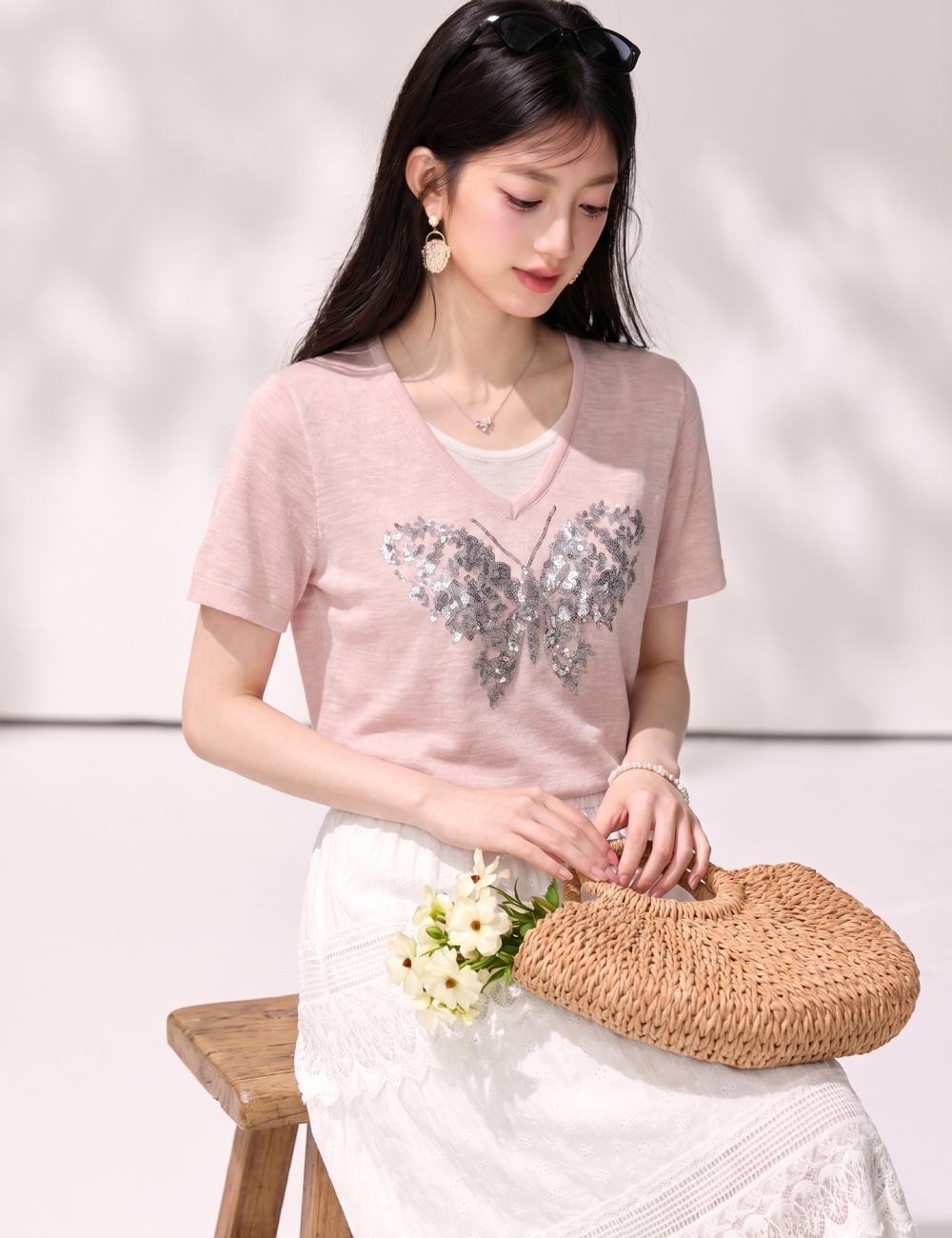 Short sleeve embroidery T-shirt mixed colors tops for women