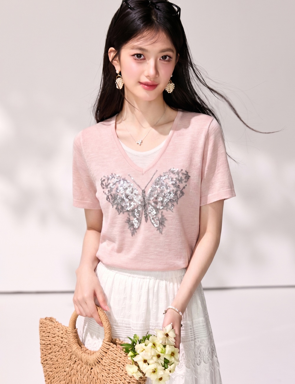Short sleeve embroidery T-shirt mixed colors tops for women