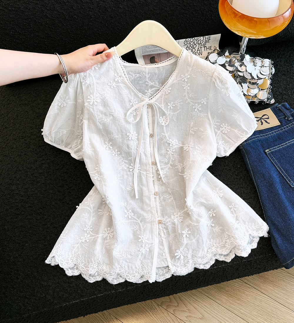 Embroidery frenum tops hollow summer shirt for women