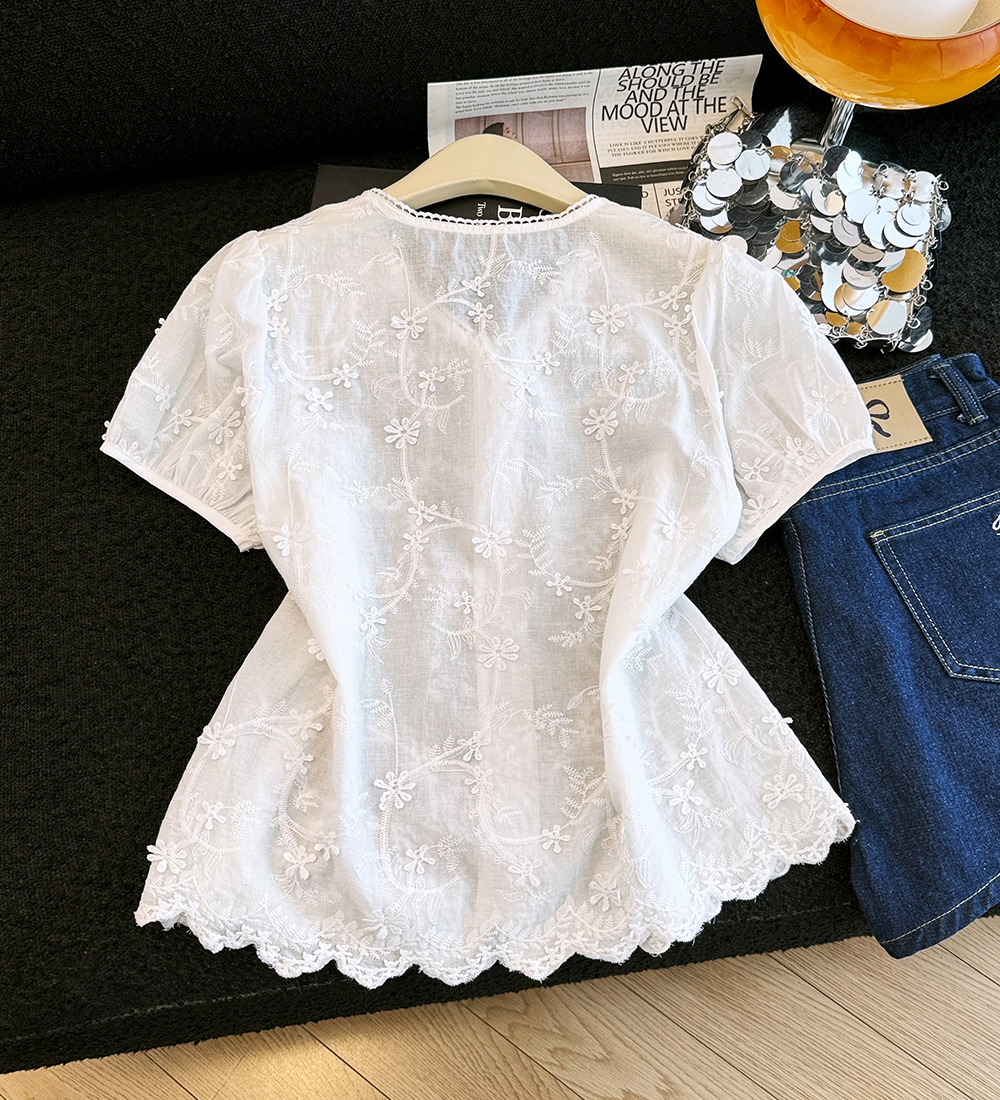 Embroidery frenum tops hollow summer shirt for women