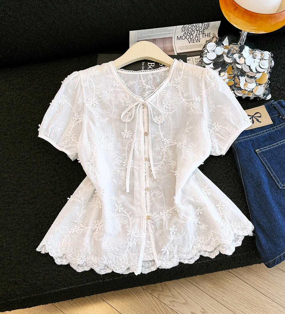 Embroidery frenum tops hollow summer shirt for women