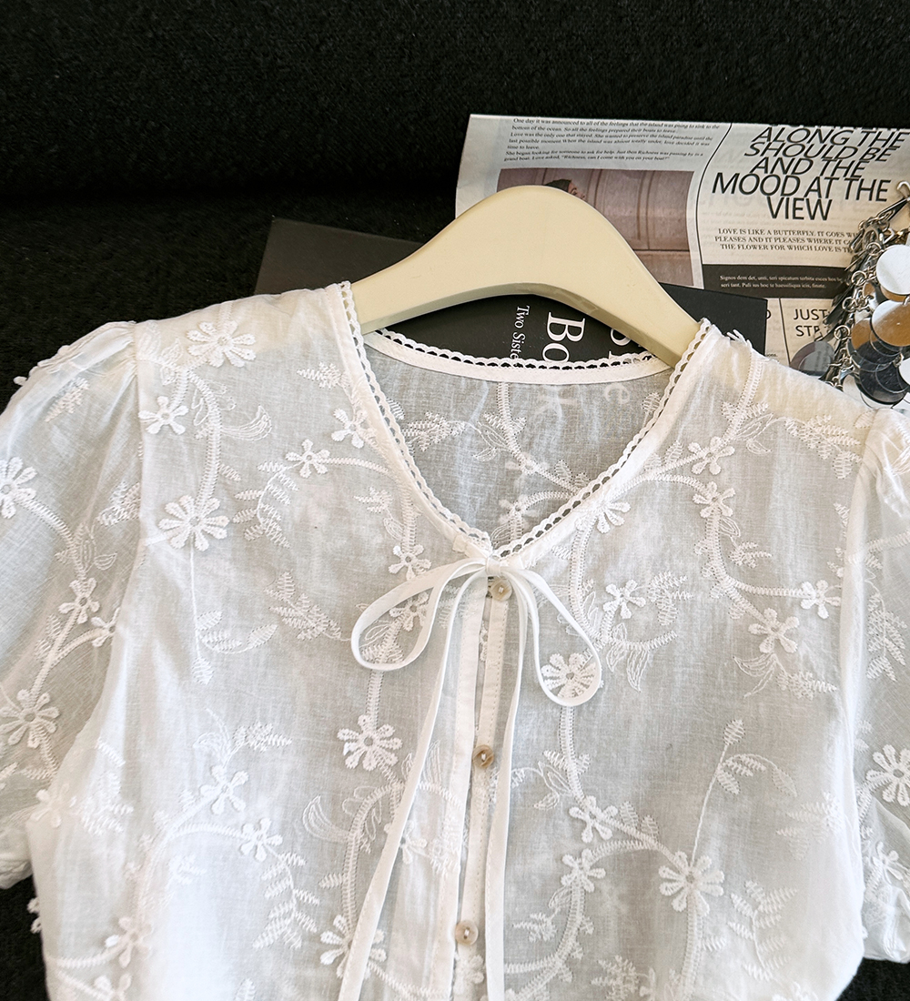 Embroidery frenum tops hollow summer shirt for women