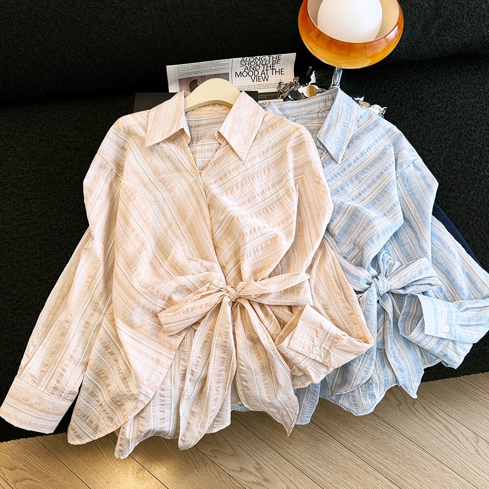Summer pinched waist shirt irregular long sleeve tops