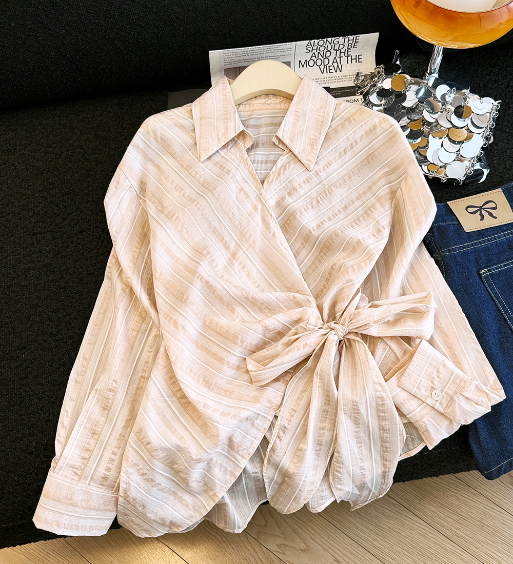 Summer pinched waist shirt irregular long sleeve tops