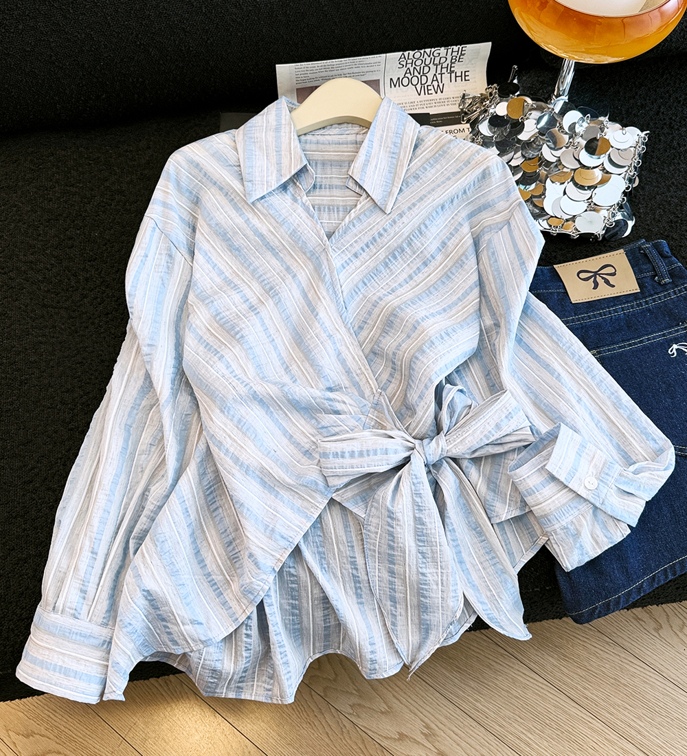 Summer pinched waist shirt irregular long sleeve tops