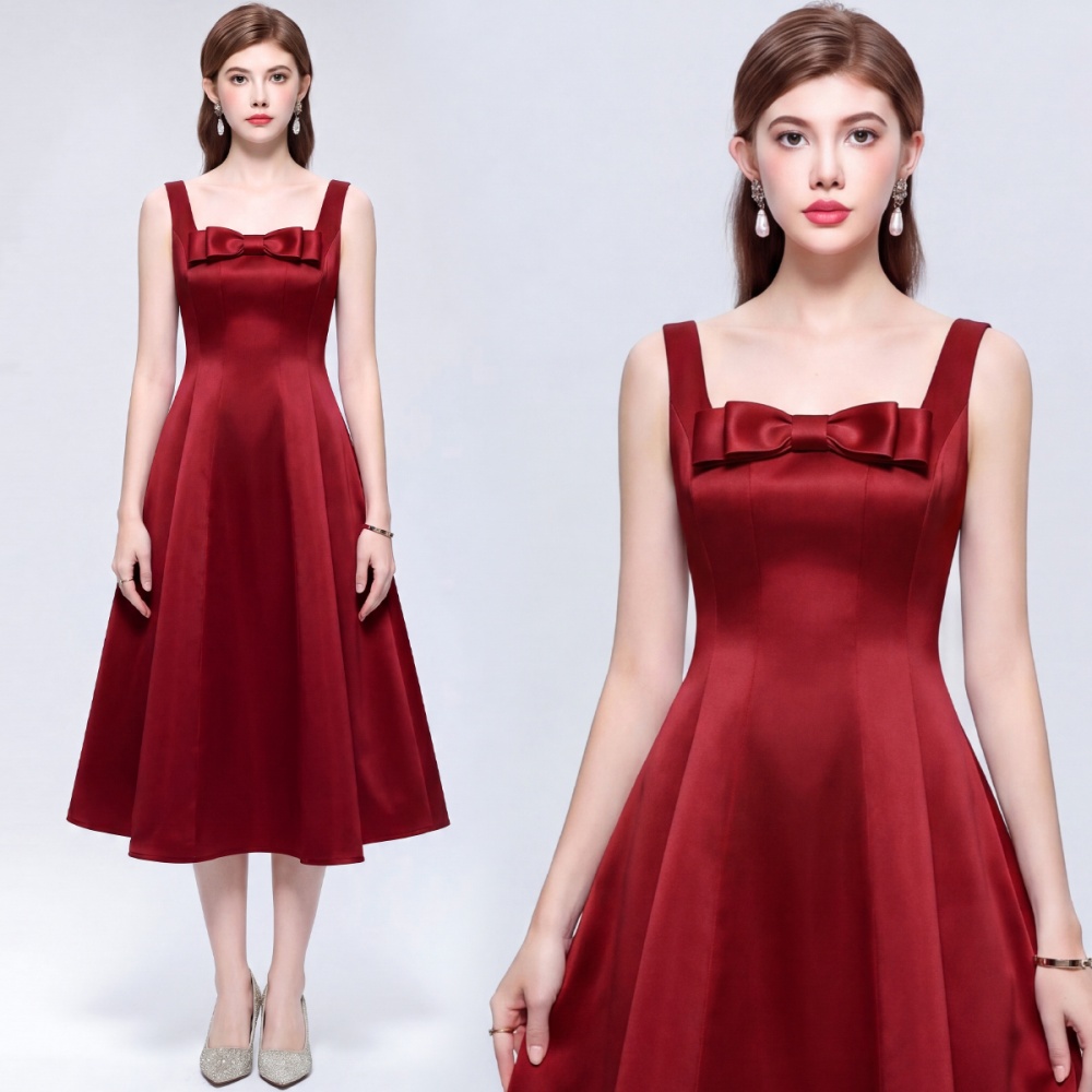 Slim pinched waist bow long dress sleeveless lady formal dress