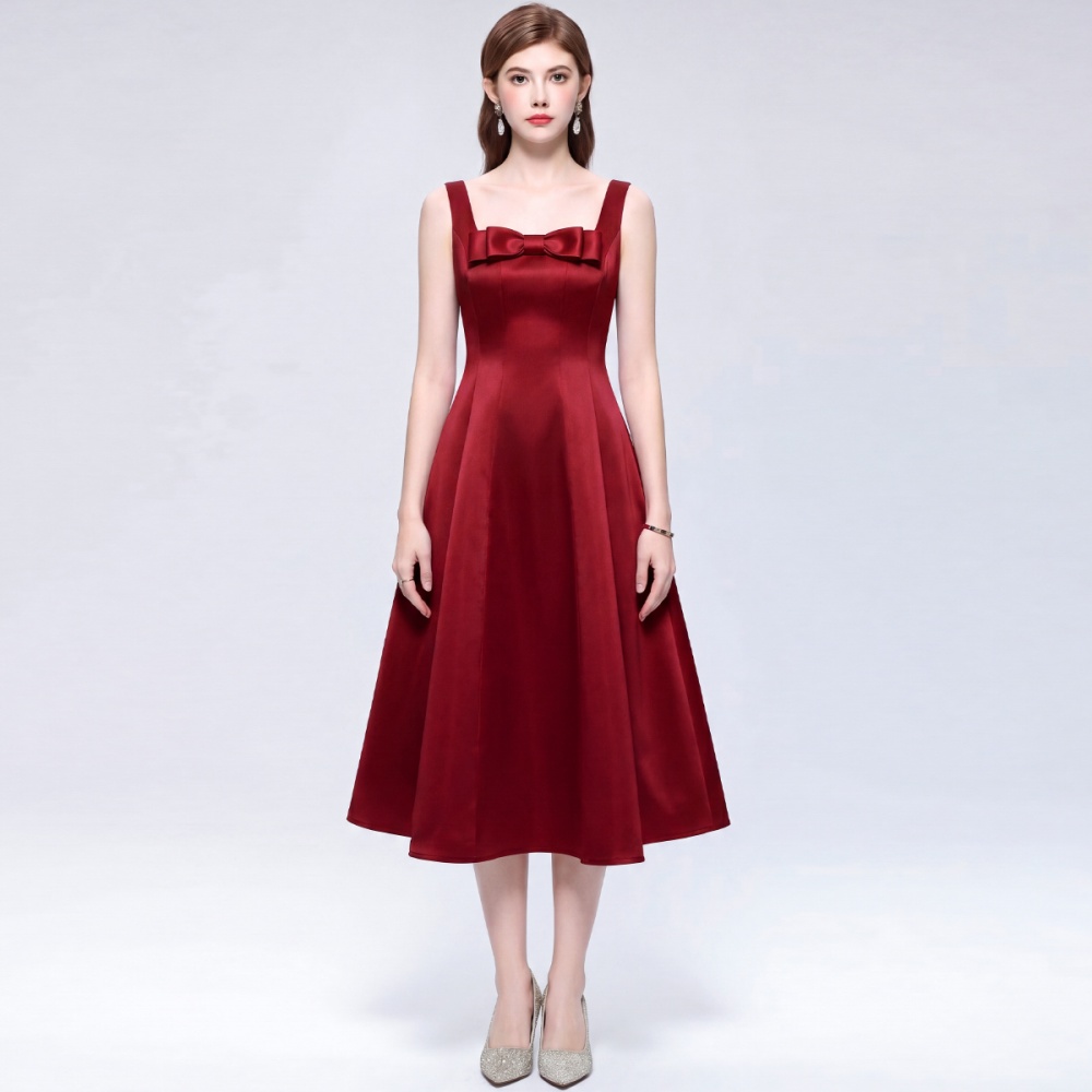Slim pinched waist bow long dress sleeveless lady formal dress