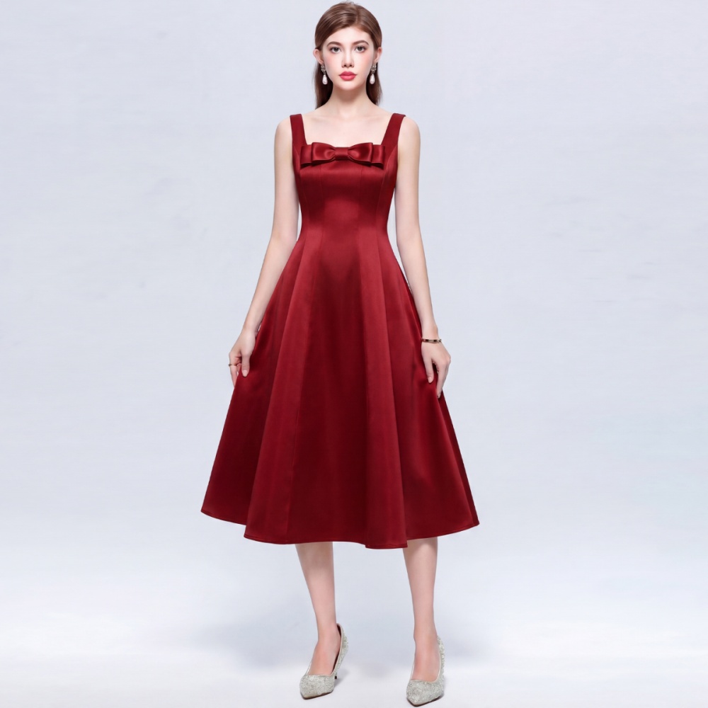 Slim pinched waist bow long dress sleeveless lady formal dress