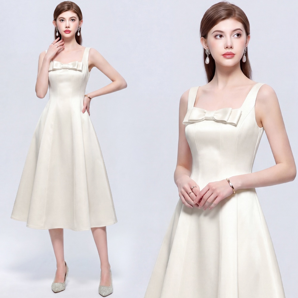 Sleeveless bow pinched waist dress lady sling long dress