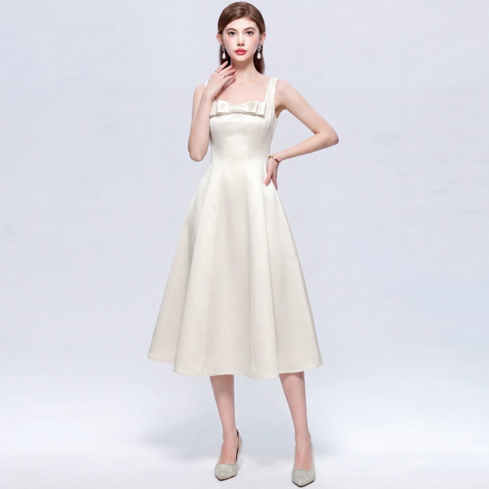 Sleeveless bow pinched waist dress lady sling long dress