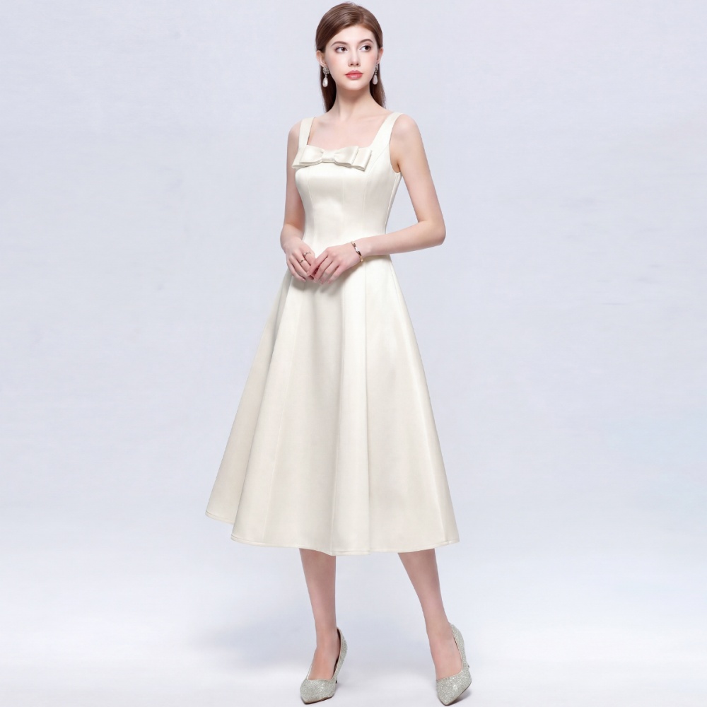 Sleeveless bow pinched waist dress lady sling long dress
