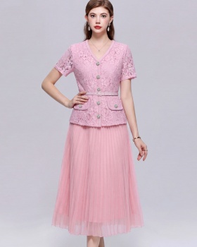 With belt pinched waist Pseudo-two short sleeve dress