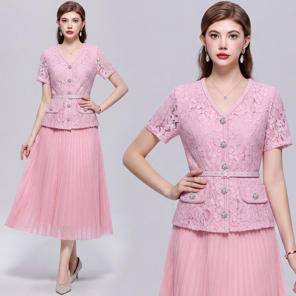 With belt pinched waist Pseudo-two short sleeve dress