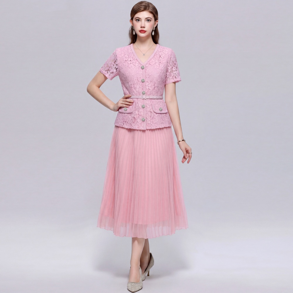 With belt pinched waist Pseudo-two short sleeve dress