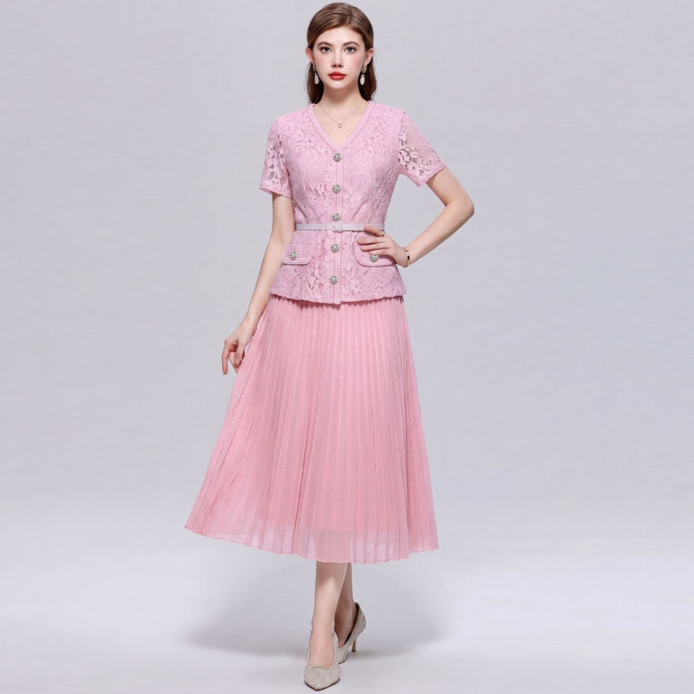 With belt pinched waist Pseudo-two short sleeve dress