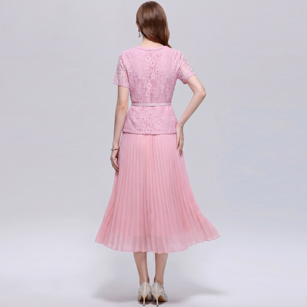 With belt pinched waist Pseudo-two short sleeve dress