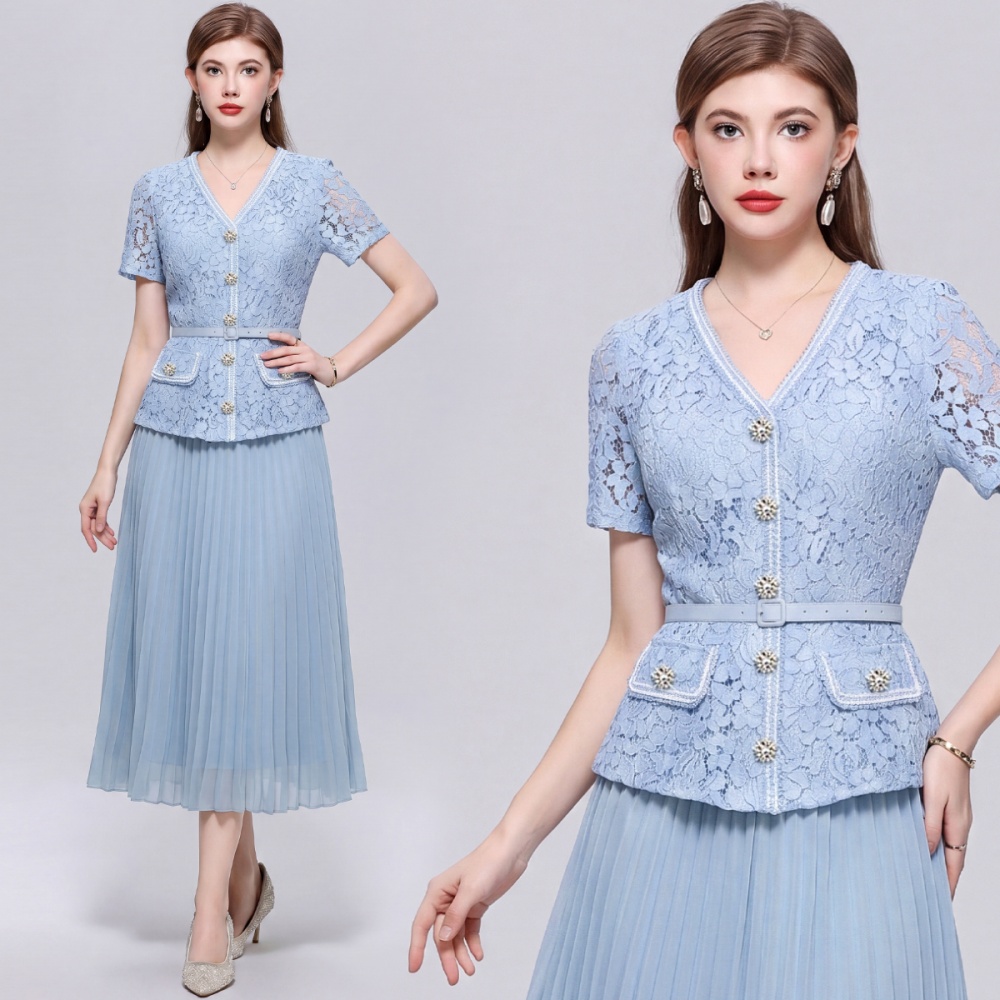 Gauze France style pinched waist V-neck chanelstyle dress