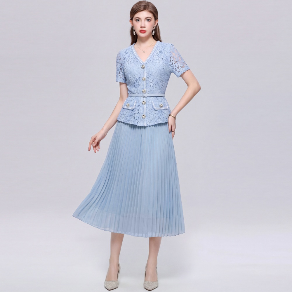 Gauze France style pinched waist V-neck chanelstyle dress