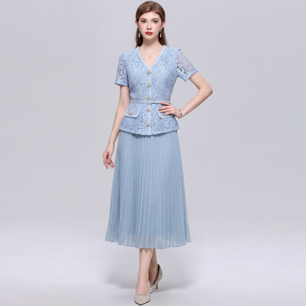 Gauze France style pinched waist V-neck chanelstyle dress