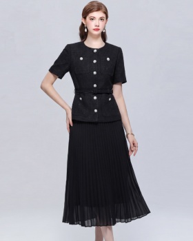 Slim splice pinched waist short sleeve dress