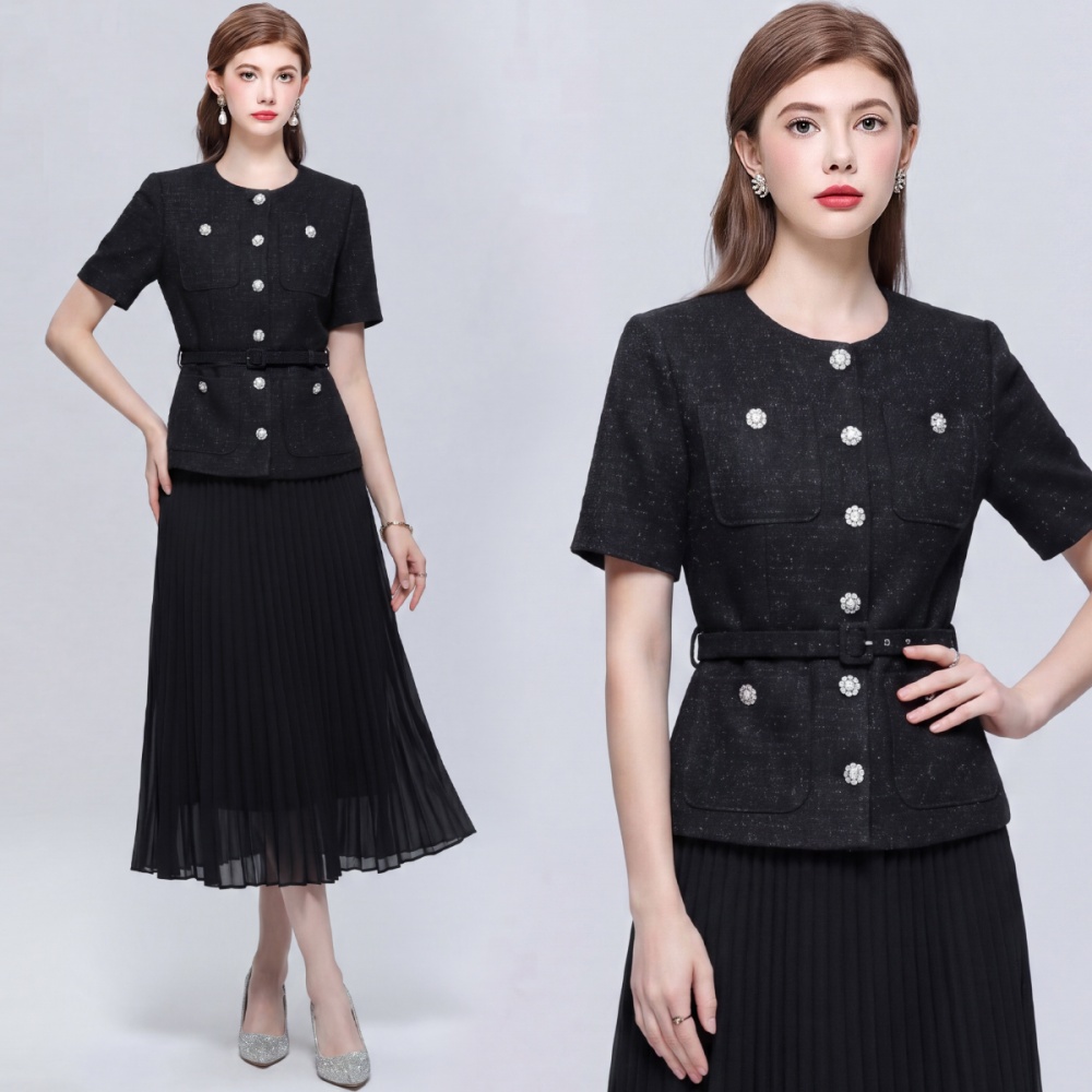 Slim splice pinched waist short sleeve dress