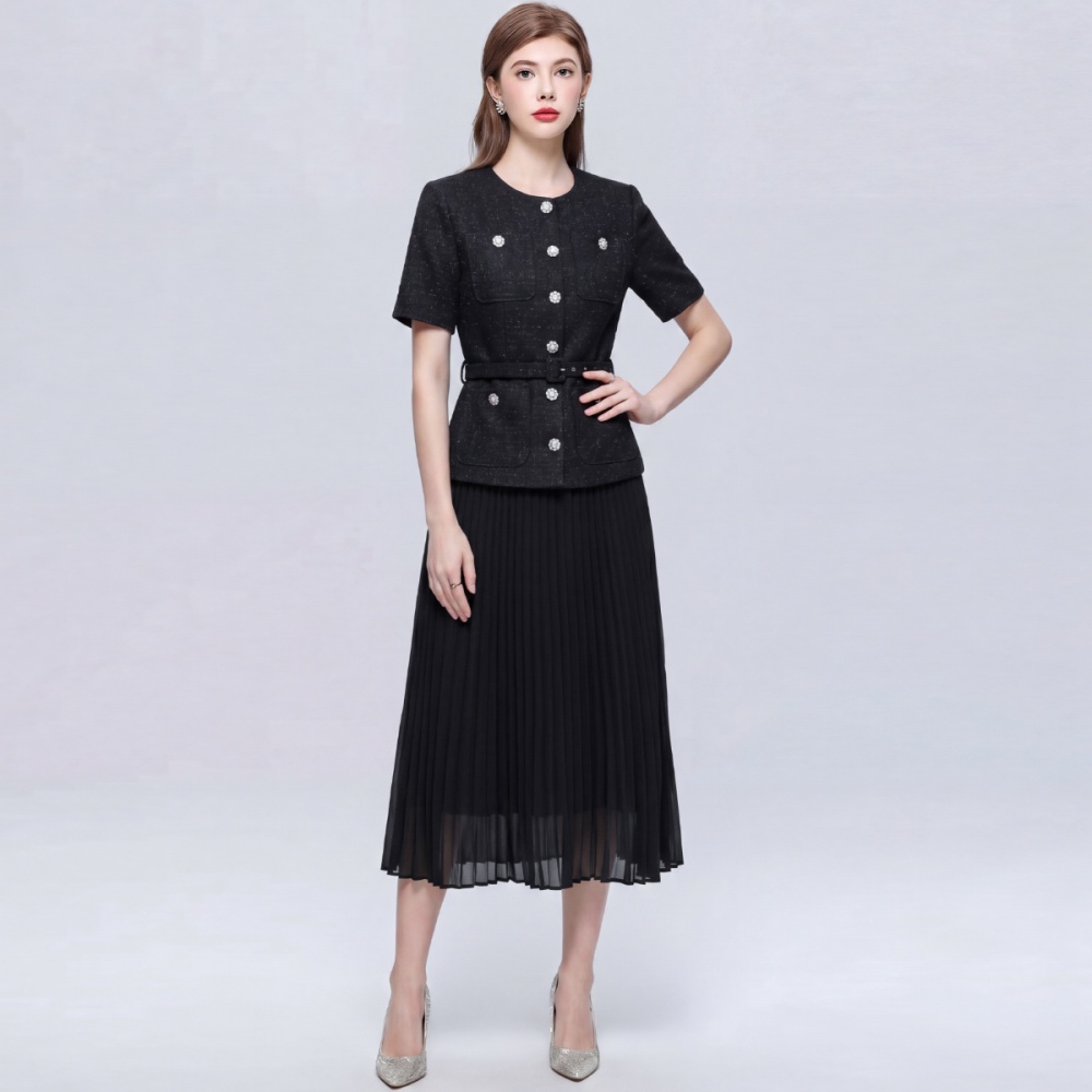 Slim splice pinched waist short sleeve dress