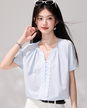France style pullover summer shirt commuting lace blue tops