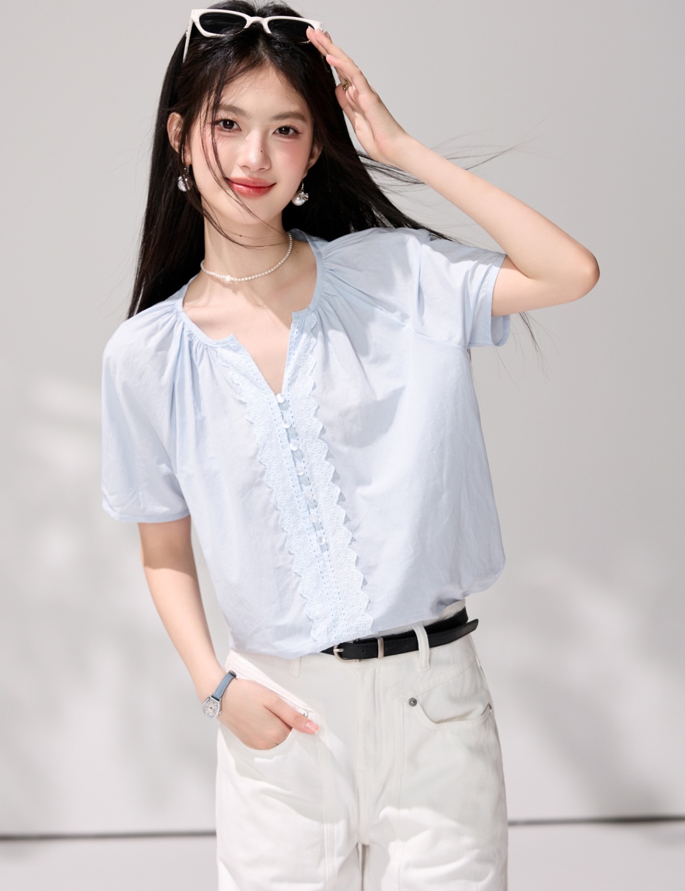 France style pullover summer shirt commuting lace blue tops
