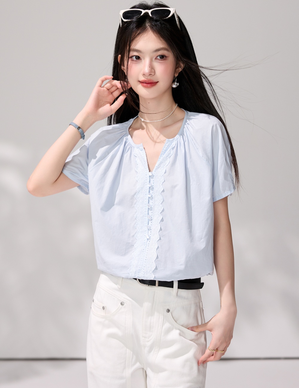 France style pullover summer shirt commuting lace blue tops