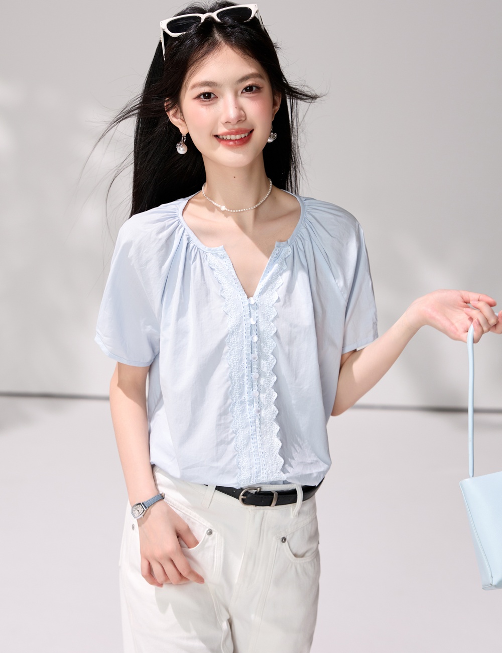 France style pullover summer shirt commuting lace blue tops