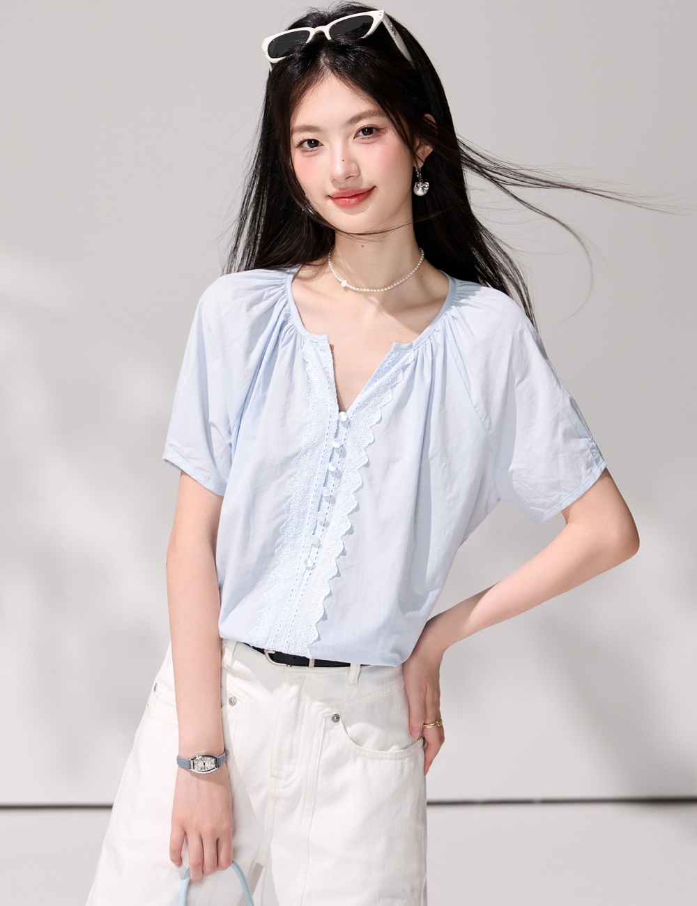 France style pullover summer shirt commuting lace blue tops