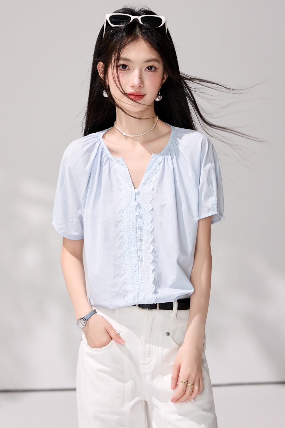 France style pullover summer shirt commuting lace blue tops