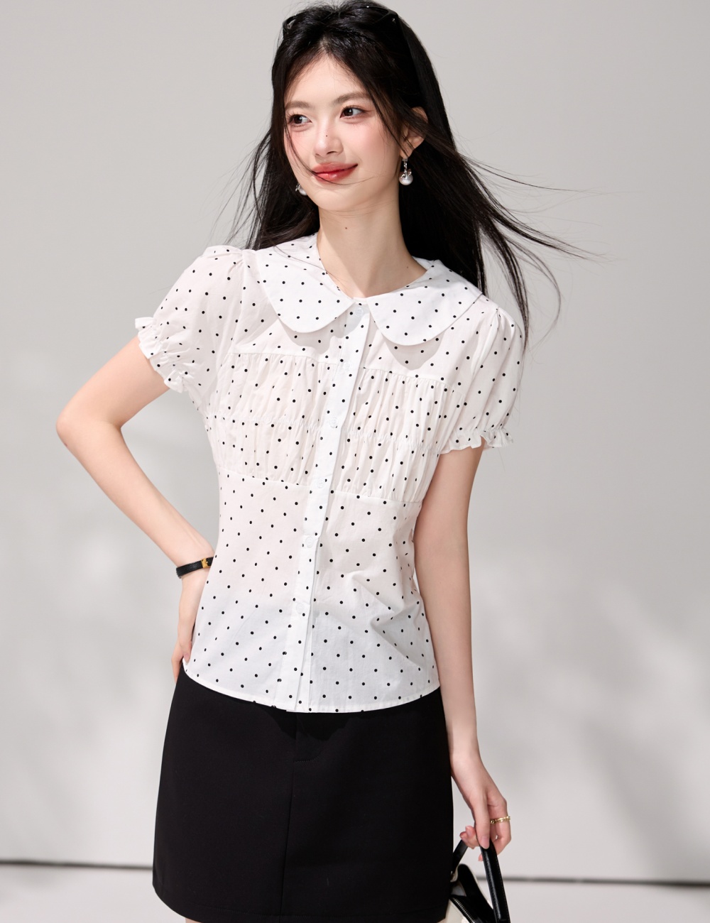 Short sleeve doll collar shirt small fellow polka dot tops
