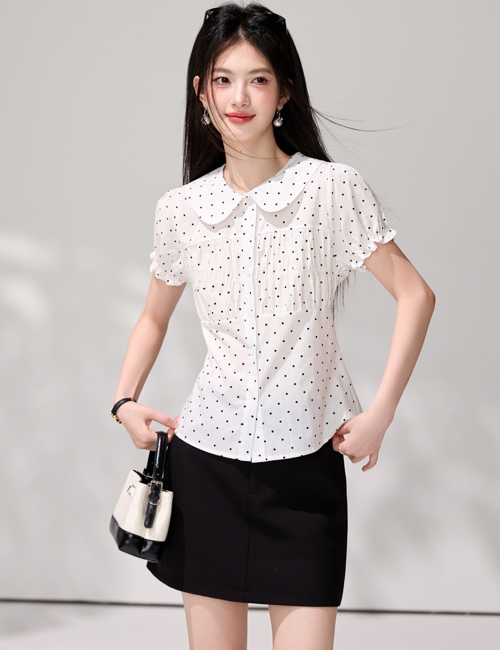 Short sleeve doll collar shirt small fellow polka dot tops