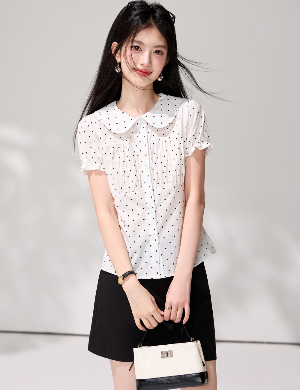 Short sleeve doll collar shirt small fellow polka dot tops