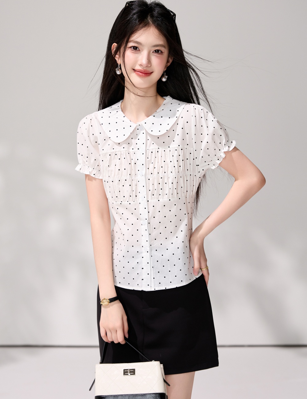 Short sleeve doll collar shirt small fellow polka dot tops