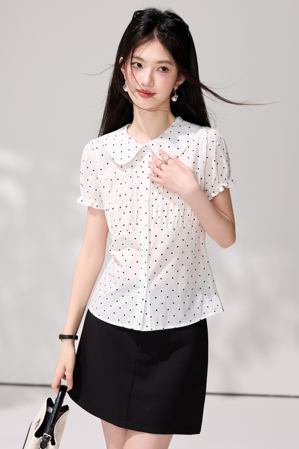 Short sleeve doll collar shirt small fellow polka dot tops
