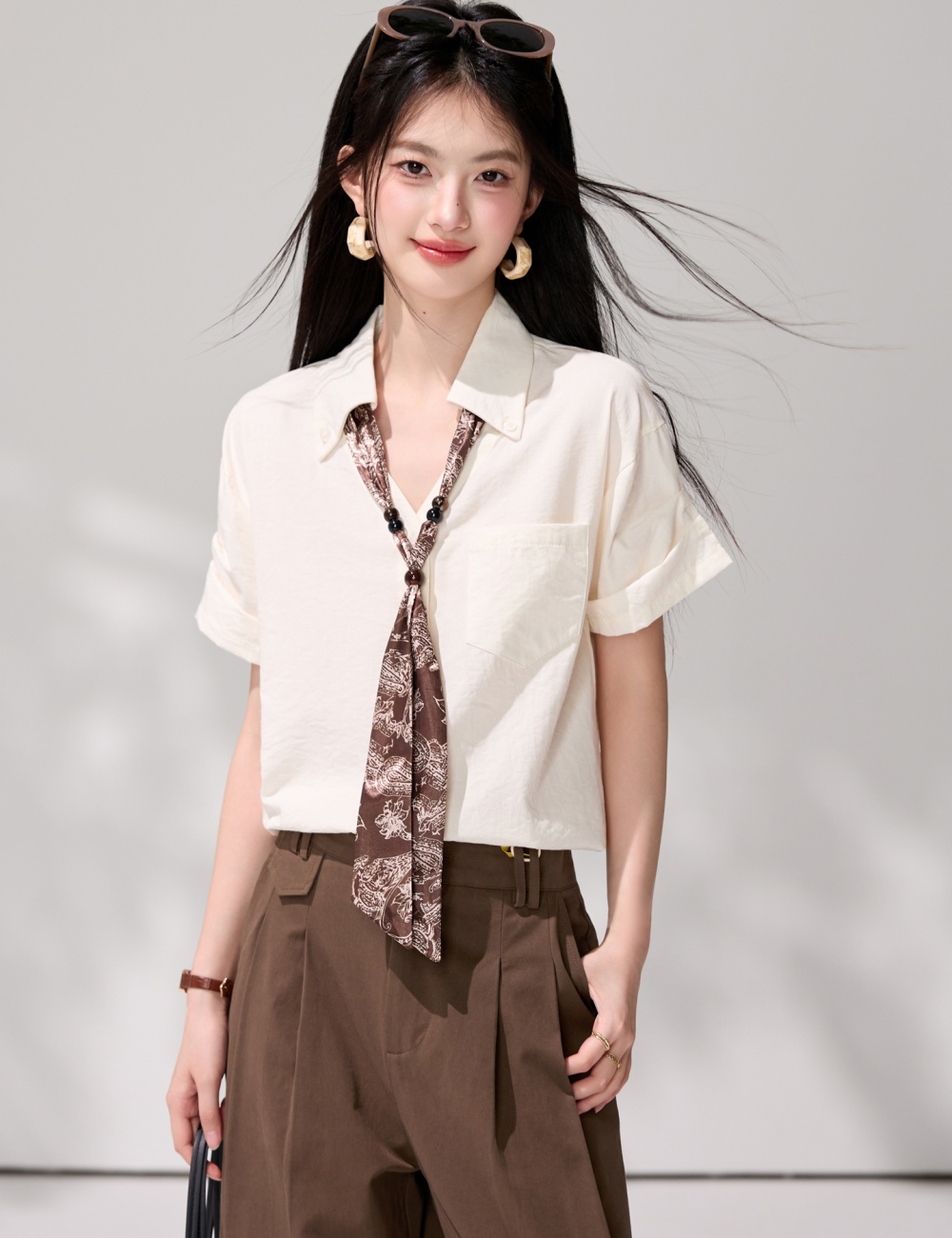 Short sleeve summer tops beige shirt for women