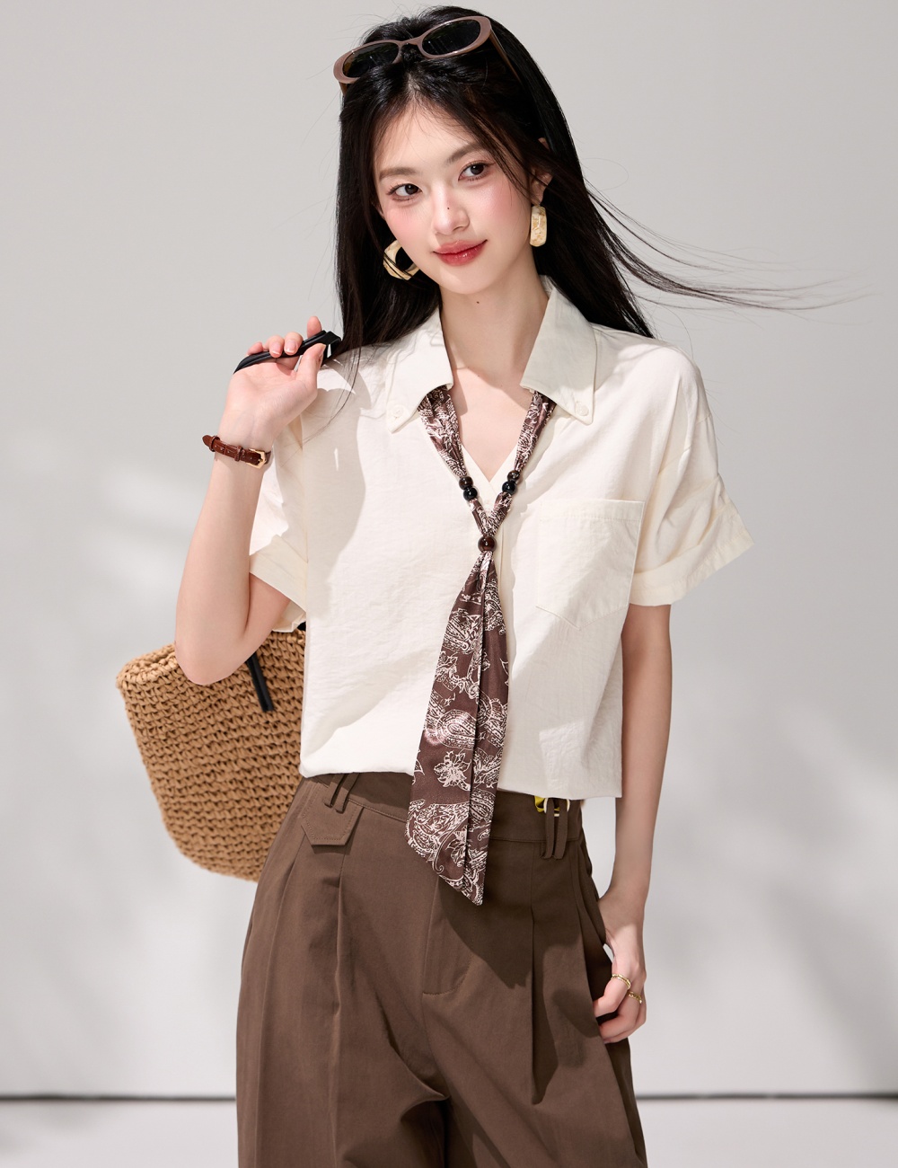 Short sleeve summer tops beige shirt for women