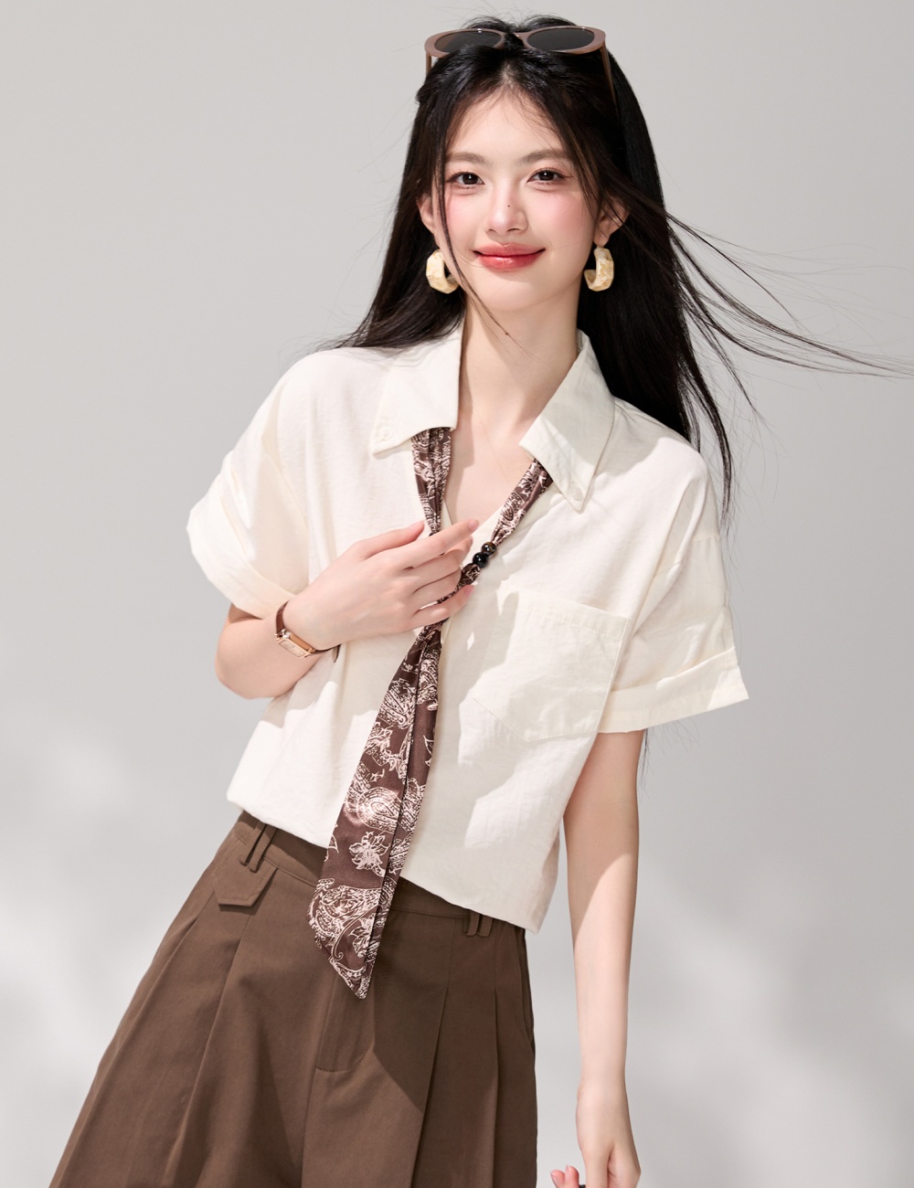 Short sleeve summer tops beige shirt for women