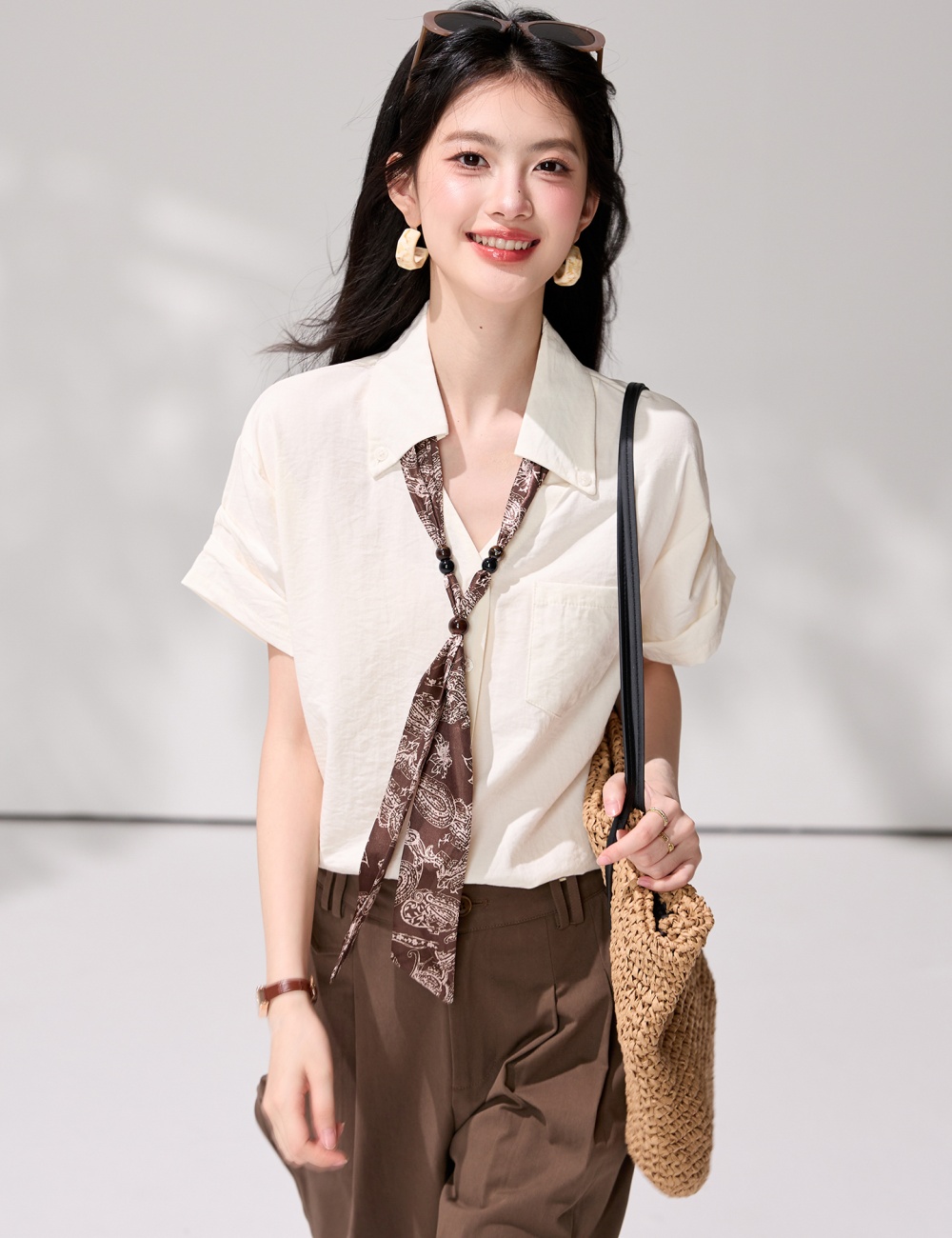 Short sleeve summer tops beige shirt for women