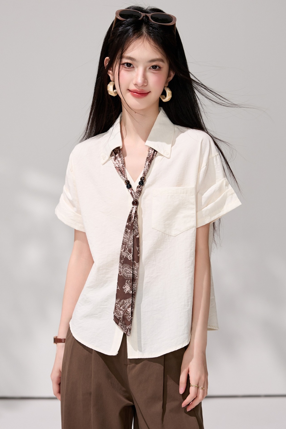 Short sleeve summer tops beige shirt for women