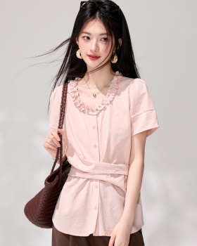 Pinched waist retro shirt tender V-neck tops for women