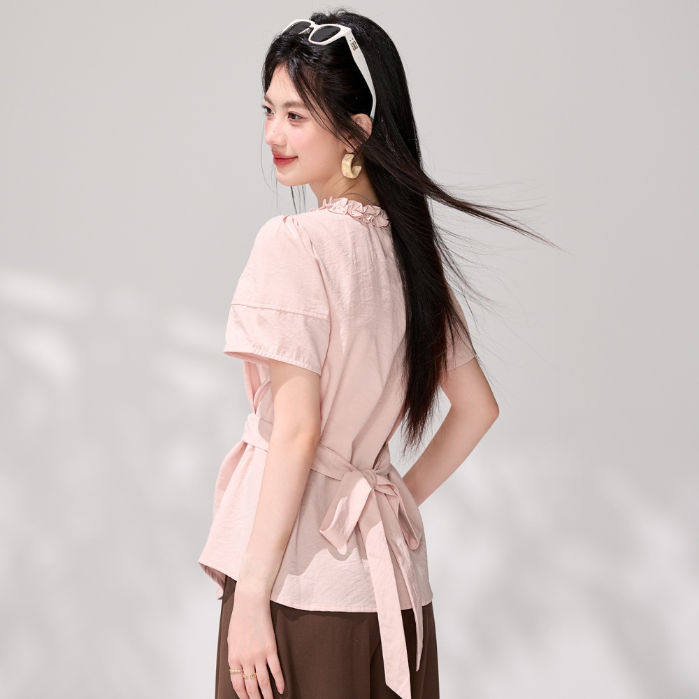 Pinched waist retro shirt tender V-neck tops for women