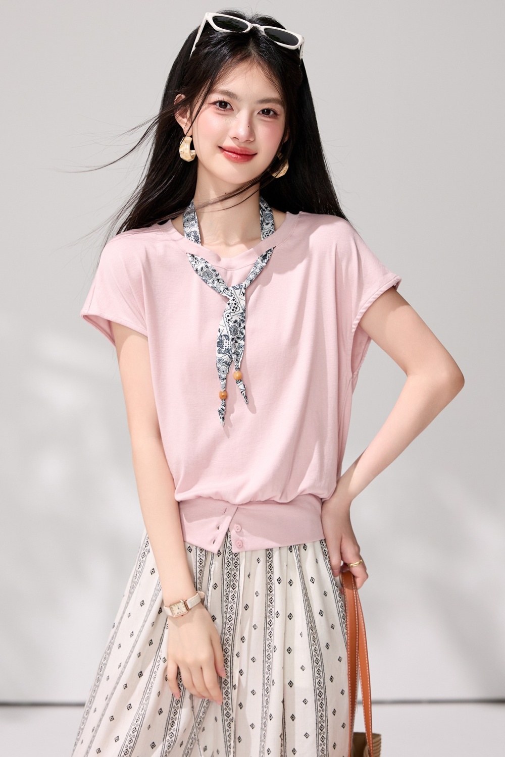 Niche short sleeve summer T-shirt pink wears outside tops