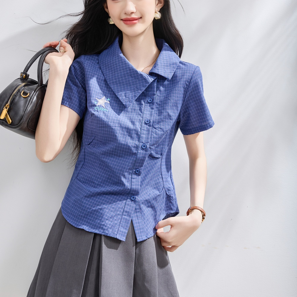 Summer slim thin plaid short shirt for women