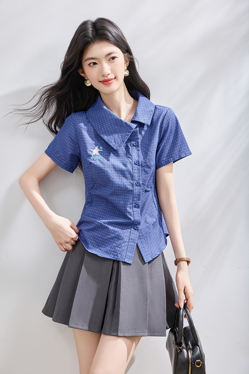 Summer slim thin plaid short shirt for women