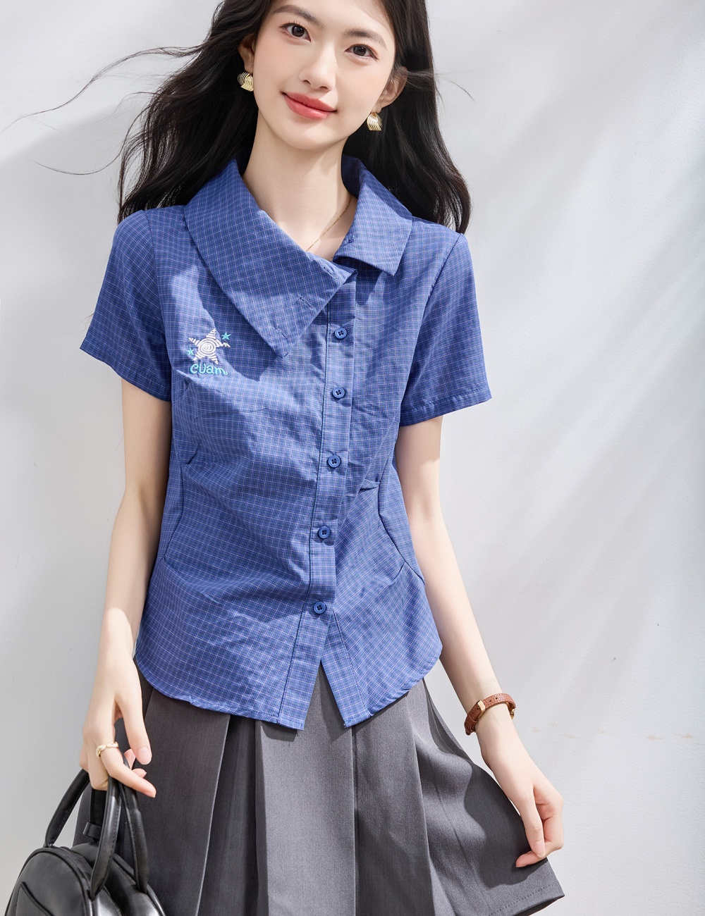 Summer slim thin plaid short shirt for women